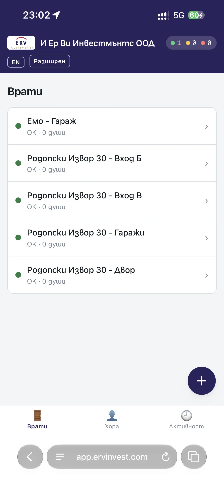 Списъкът с врати в панела за управление, отворен на телефон / The door list in the management panel, open on a phone