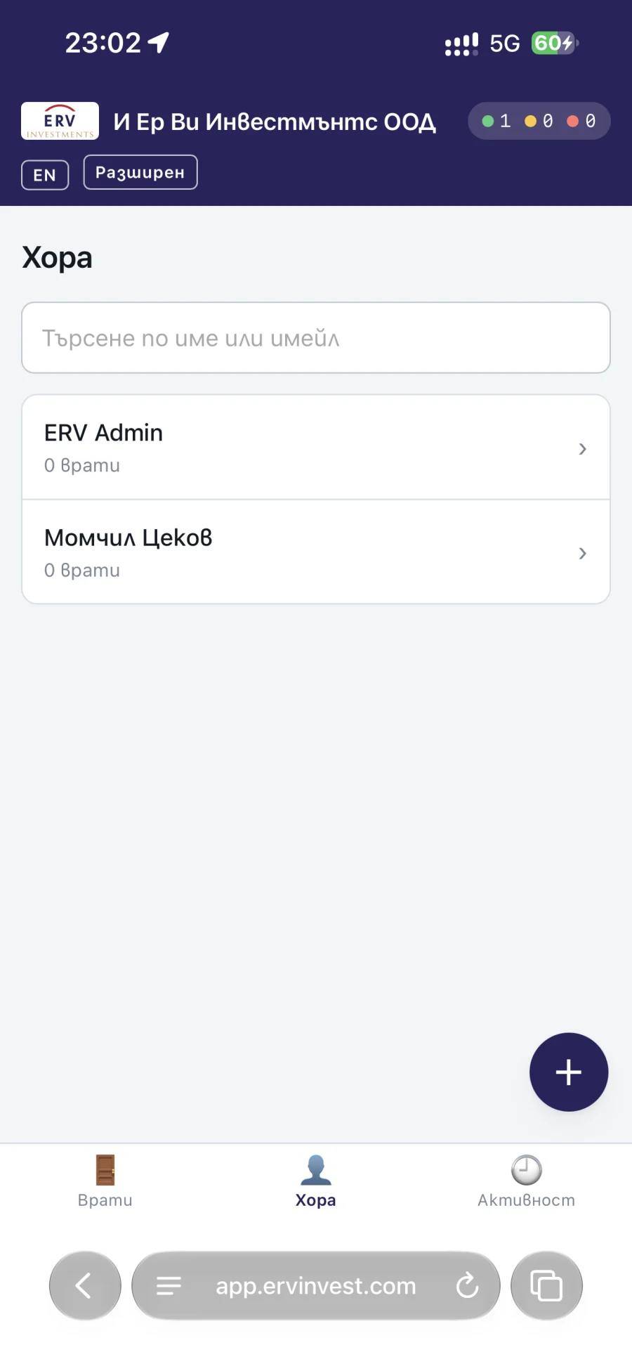 Списъкът с хора в панела за управление, отворен на телефон / The people list in the management panel, open on a phone