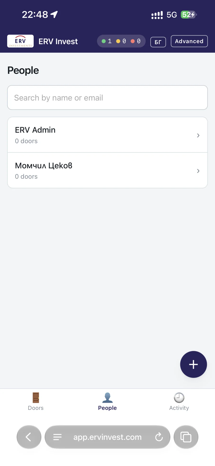 Списъкът с хора в панела за управление, отворен на телефон / The people list in the management panel, open on a phone